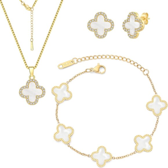 Clover Jewelry Set 18K Gold Plated Lucky Flower Necklace Earring Bracelet for Wo - Picture 1 of 5